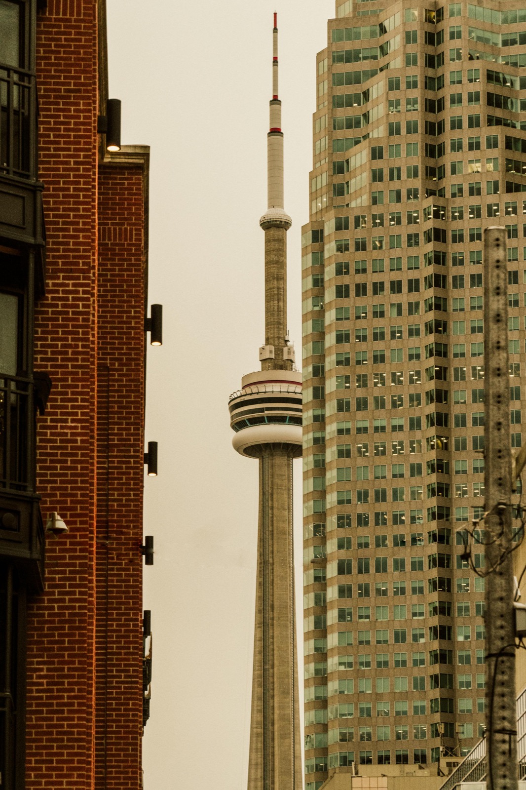 CN Tower seen between Toronto buildings